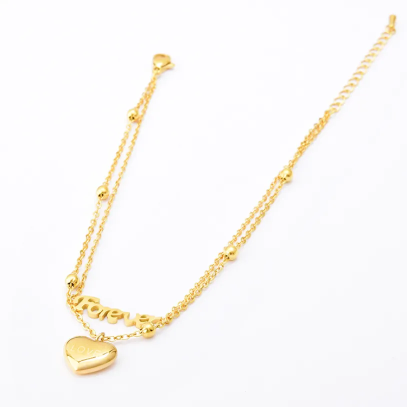2 Layers Beaded Forever Love Heart Charm Chain Anklet For Women