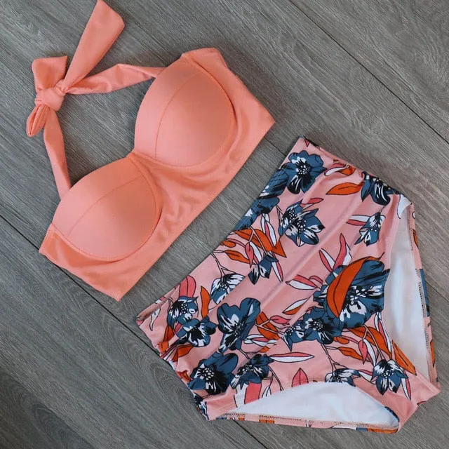 2019 High Waist Bikinis Women Swimsuit Plus Size Swimwear Bathing Suits Retro Floral Push Up Bikini Set Beach Wear