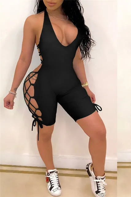 2020 Sexy Women Deep V-neck Jumpsuit Sleeveless Halter Backless Hollow Out Playsuit Rompers Sports Floral Print Lace-up Jumpsuit