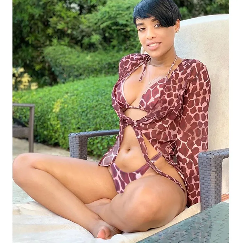 3 Three Piece Bikini Set Bell Sleeve Bikini Cover Up Swimwear Swimsuit Print Bathing Suit Beachwear Swimming Suit