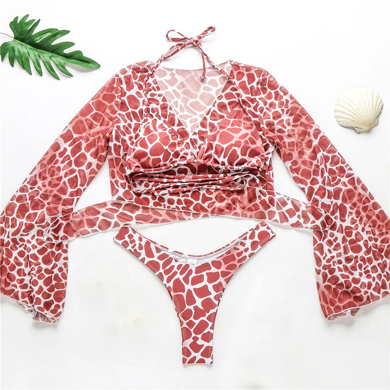 3 Three Piece Bikini Set Bell Sleeve Bikini Cover Up Swimwear Swimsuit Print Bathing Suit Beachwear Swimming Suit
