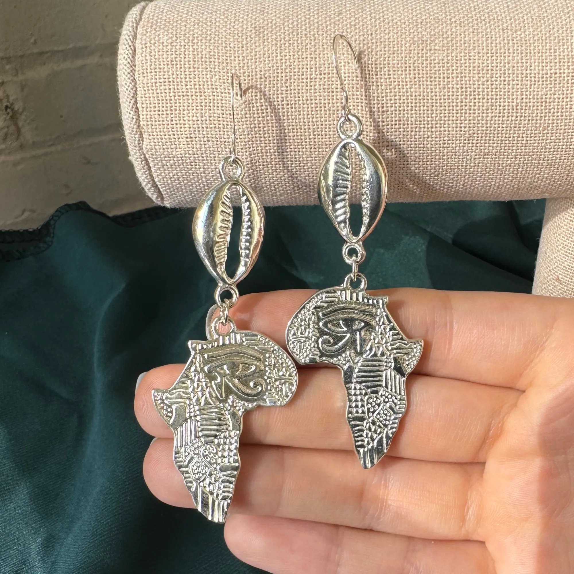 African Map .925 Sterling Silver Earrings with Cowrie Shells