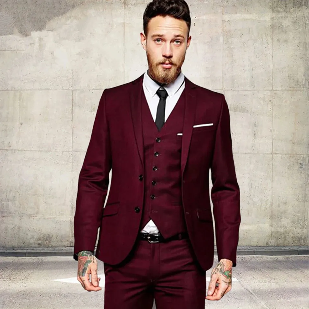 Aidase Men's Fashion Wine Red Burgundy Men Suits Slim Fit Formal Tailor Made Groom Prom Tuxedo 3 Piece Male Blazer Jacket Pant Vest