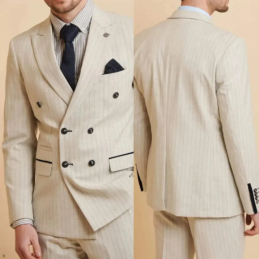 Aidase Pinstriped Men Wedding Suits Peaked Lapel Double Breasted Tuxedos For Groom 2 Pcs Blazer Pants For Party Business Custom Made