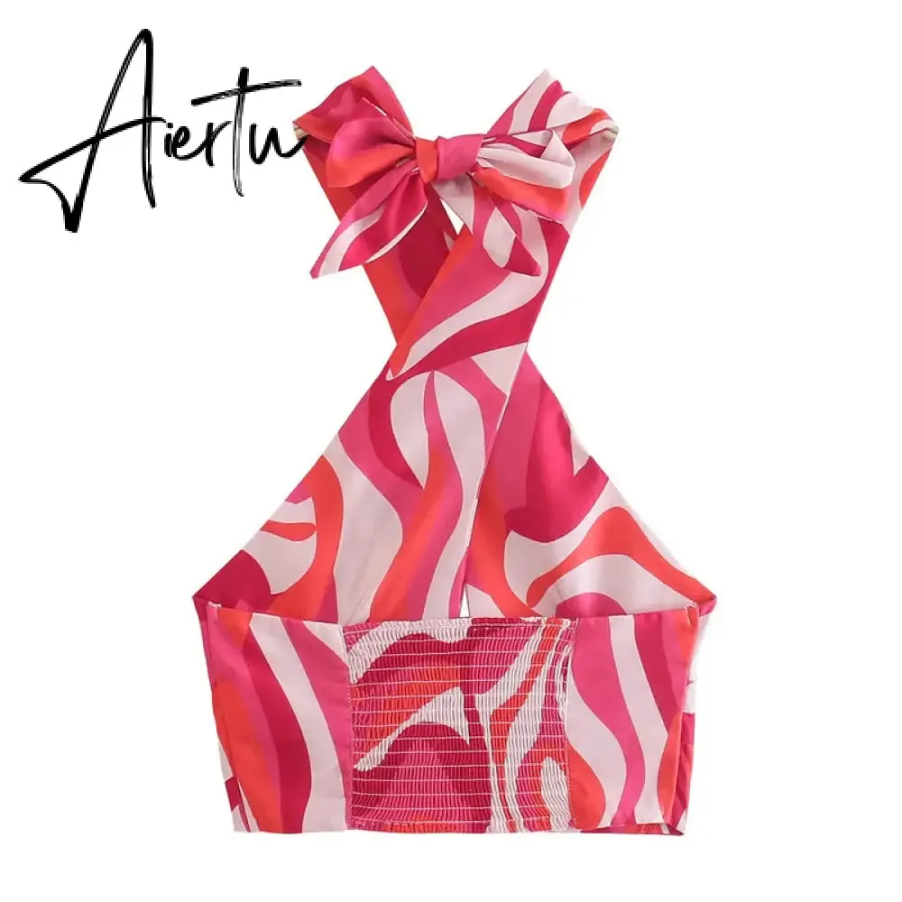 Aiertu  Print Crop Top Women Halter Neck Top Strapless Backless Cropped Tank Top Woman Summer Sexy Crossover Straps Tops