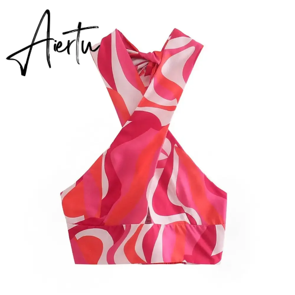 Aiertu  Print Crop Top Women Halter Neck Top Strapless Backless Cropped Tank Top Woman Summer Sexy Crossover Straps Tops