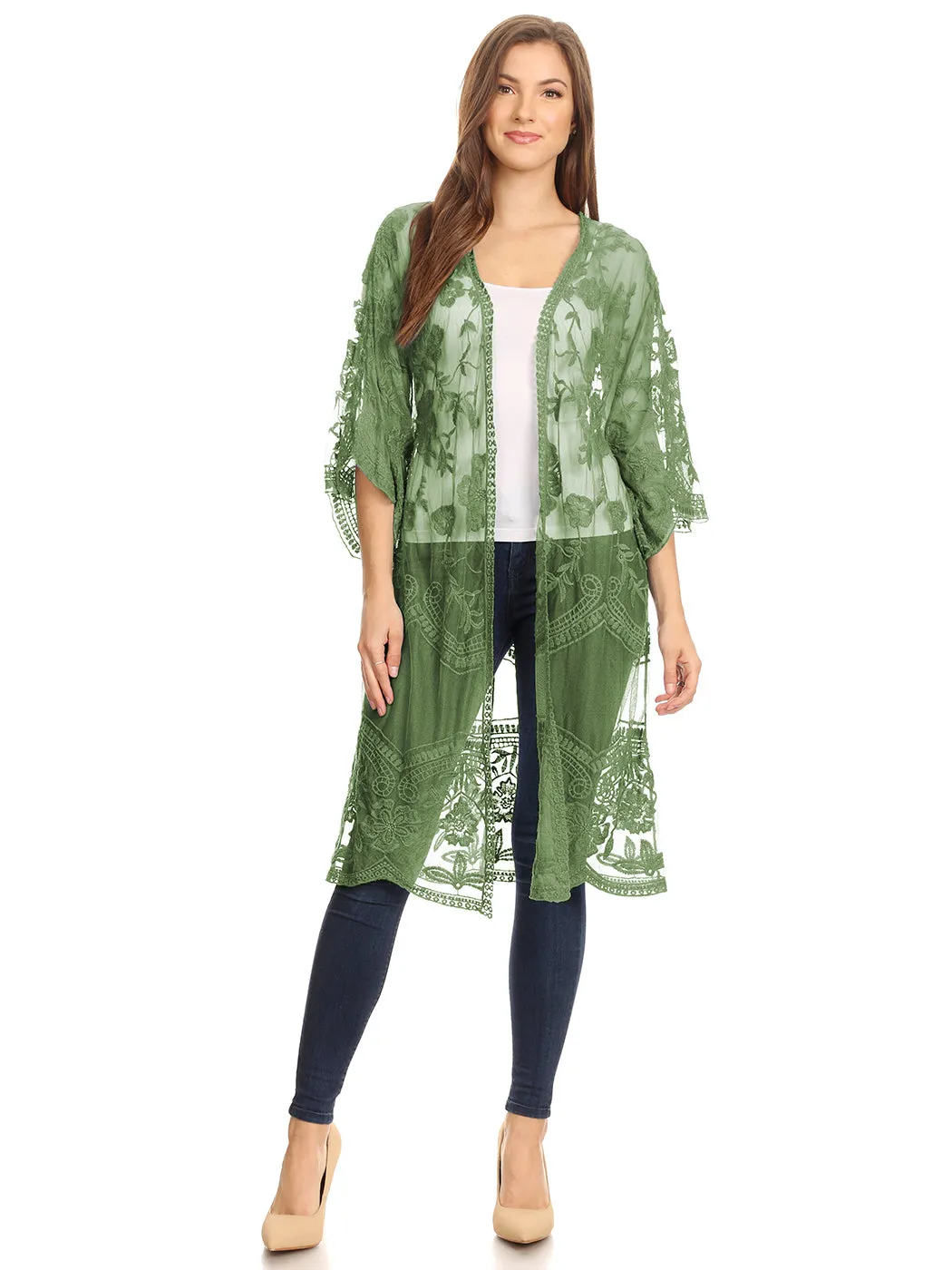 Anna-Kaci Women's Long Embroidered Floral Butterfly Kimono Cover Up Cardigan