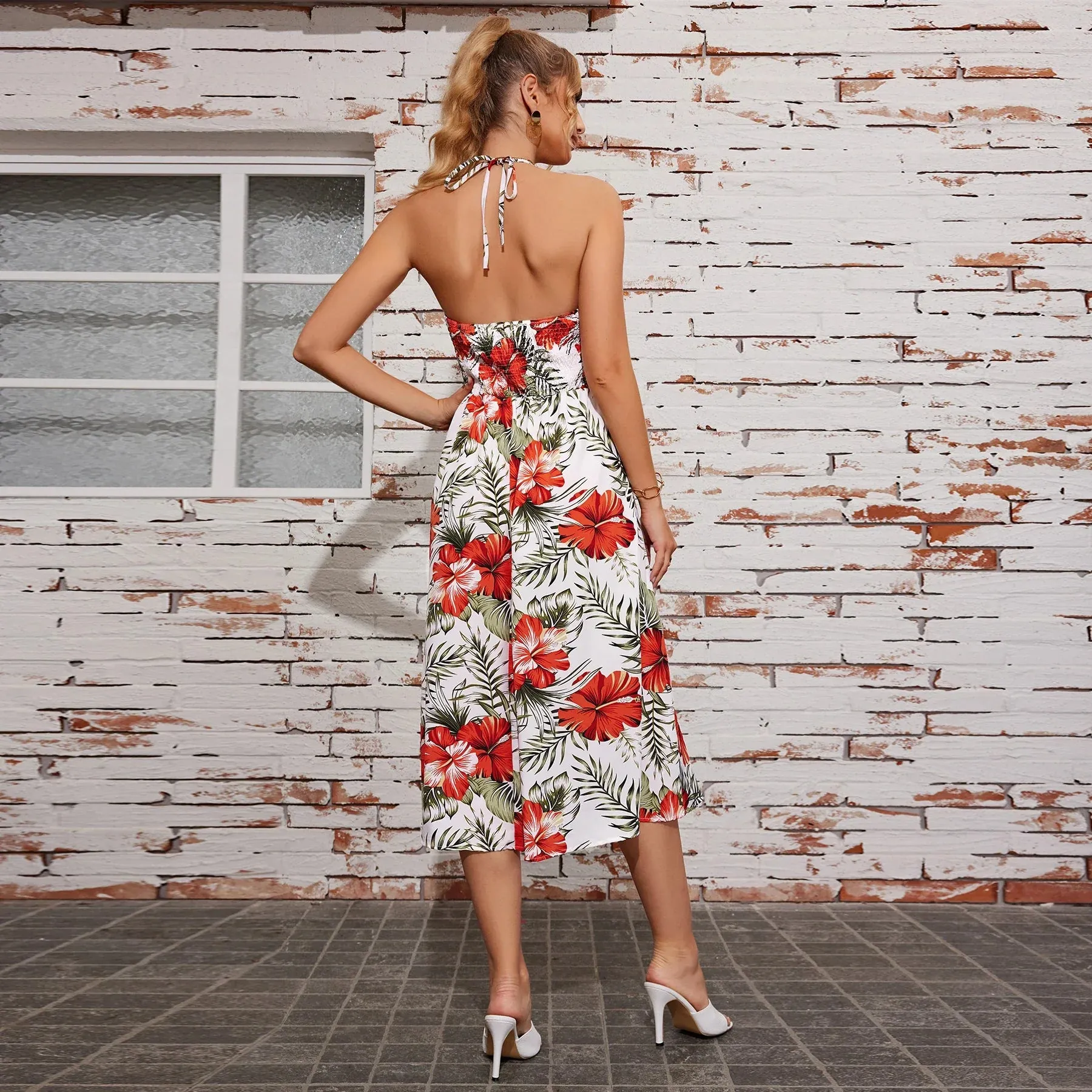 Backless Casual Strapless Vacation Split Long Halter Summer Printed Dress
