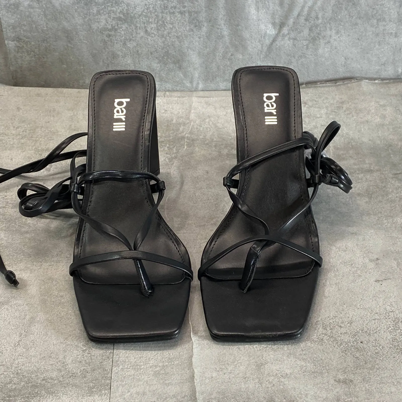 BAR III Women's Black Smooth Alana Tie-Up Geo-Heel Square-Toe Sandals SZ 8