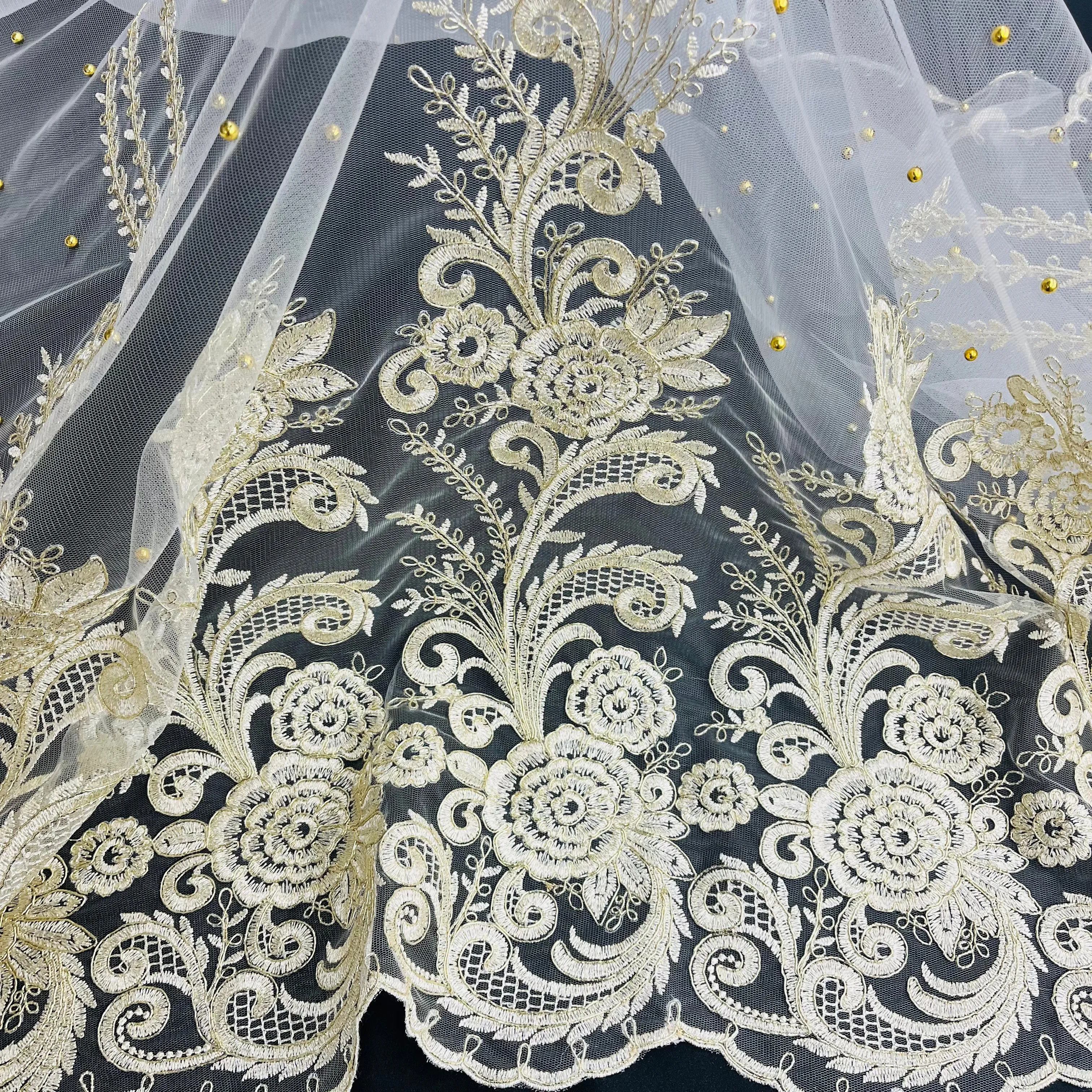 Beaded & Corded Lace Fabric Embroidered on 100% Polyester Net Mesh | Lace USA - 73010W-NB