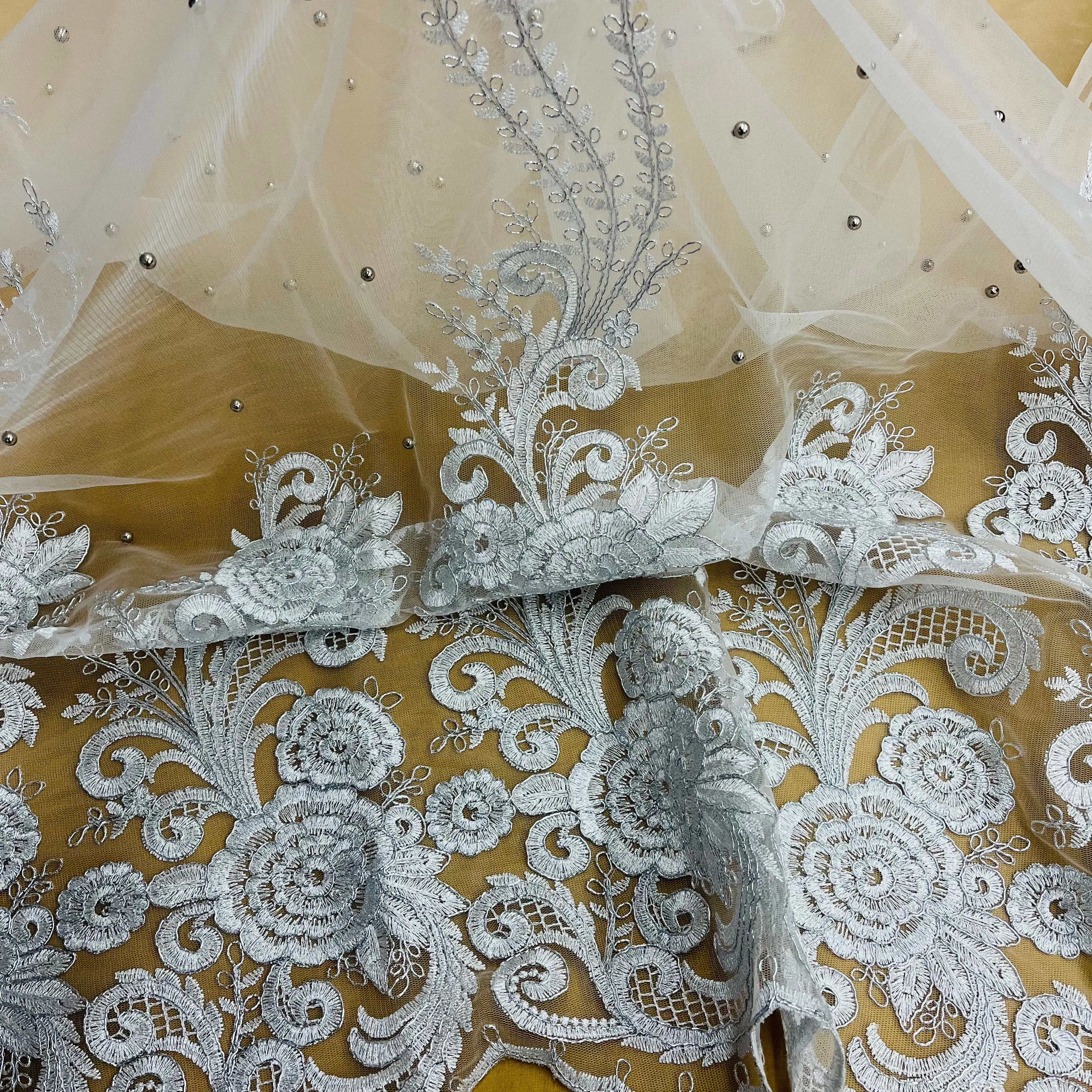 Beaded & Corded Lace Fabric Embroidered on 100% Polyester Net Mesh | Lace USA - 73010W-NB