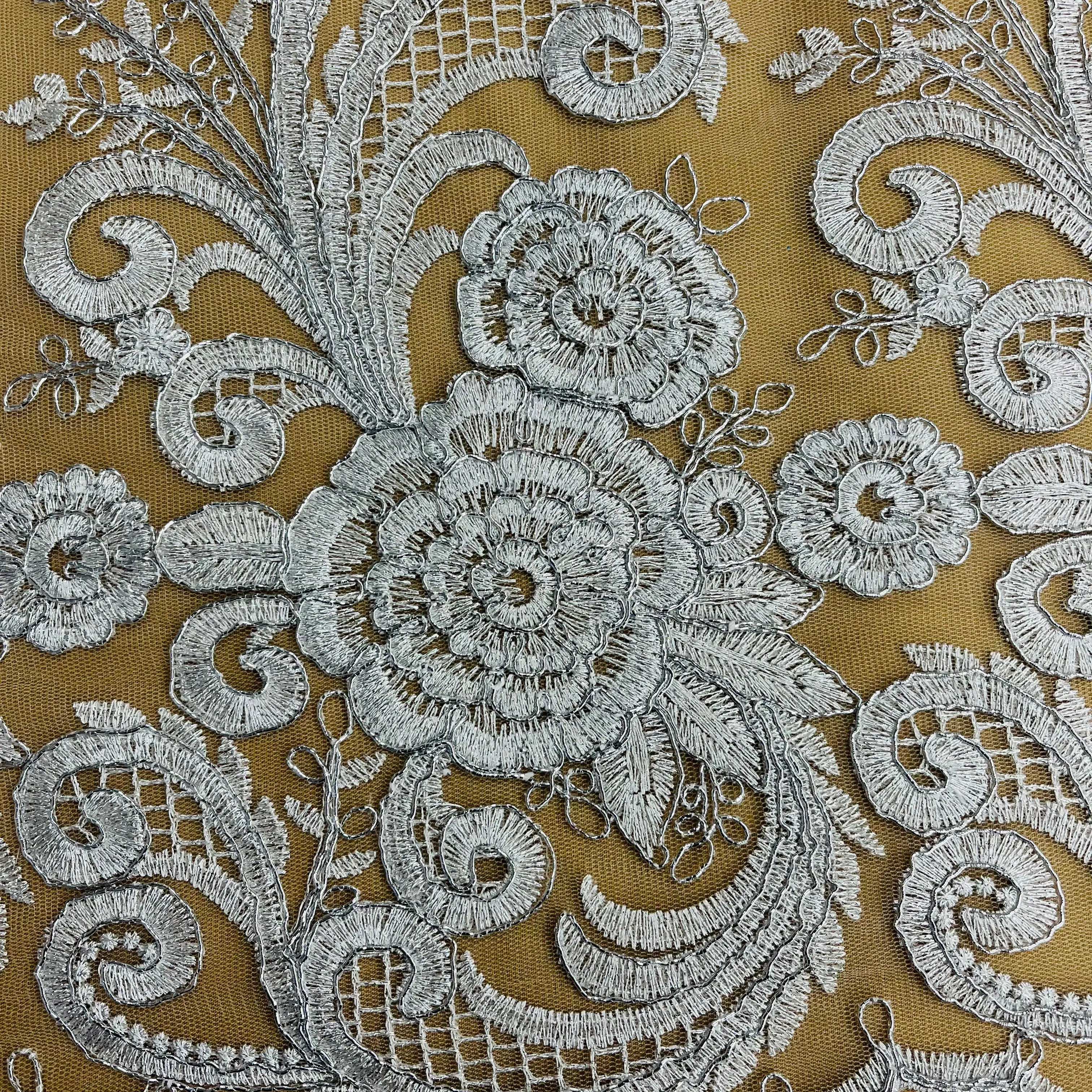 Beaded & Corded Lace Fabric Embroidered on 100% Polyester Net Mesh | Lace USA - 73010W-NB