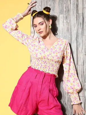 Berrylush Women White & Pink Floral Printed V-Neck Crepe Smocked Wrap Crop Top