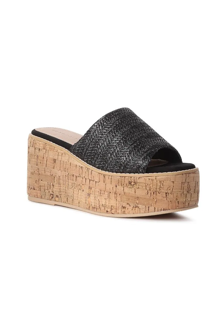 Black Raffia Slip-on Platform