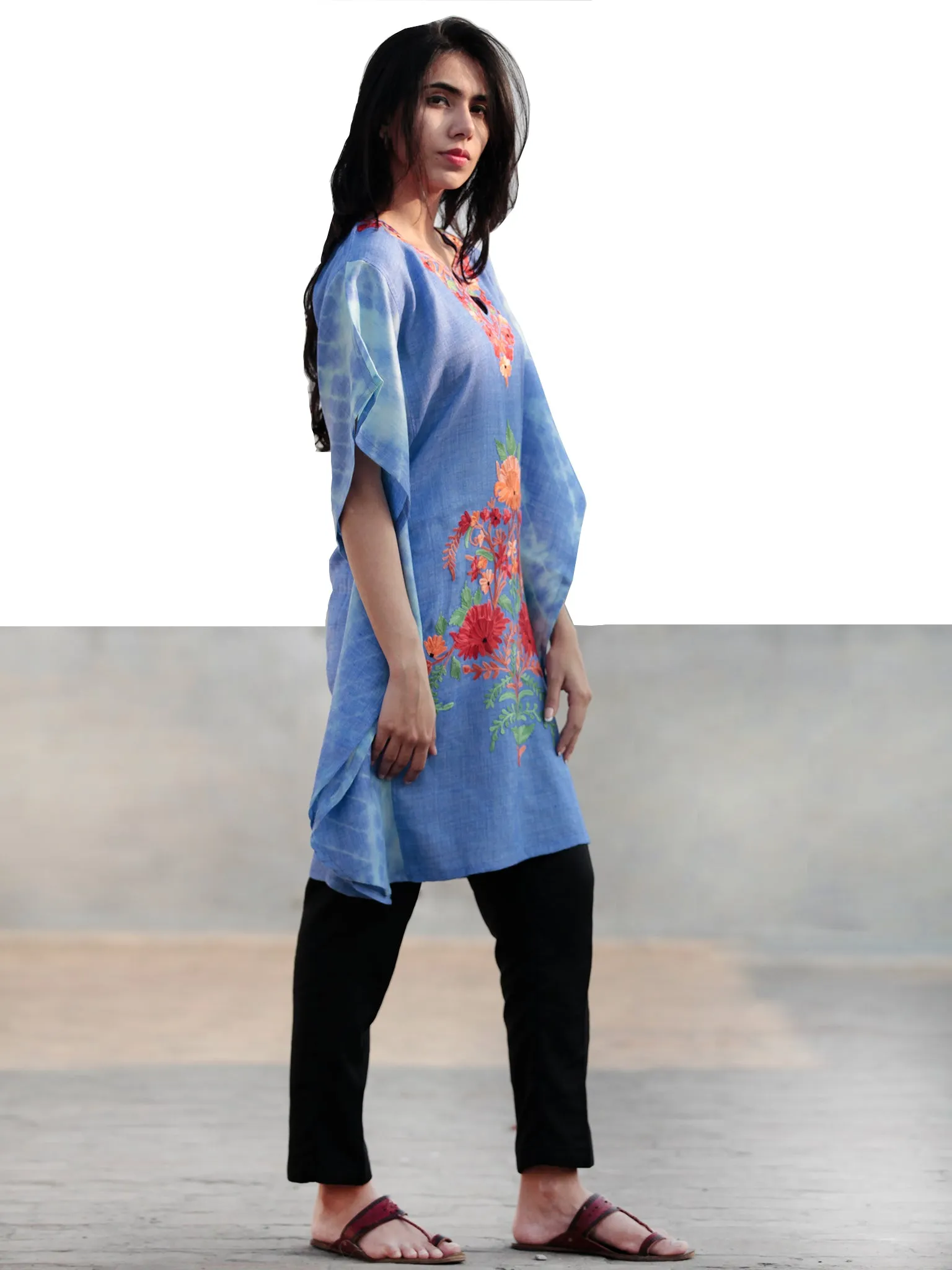 Blue Green Red Orange Aari Embroidered Short Kashmere Kaftan  - K11K031