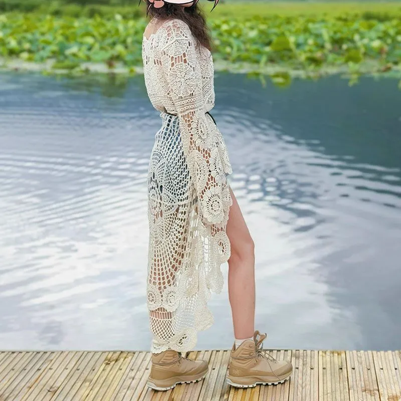 Bohemian Hollow Out Crochet High Low Cover Up Dress
