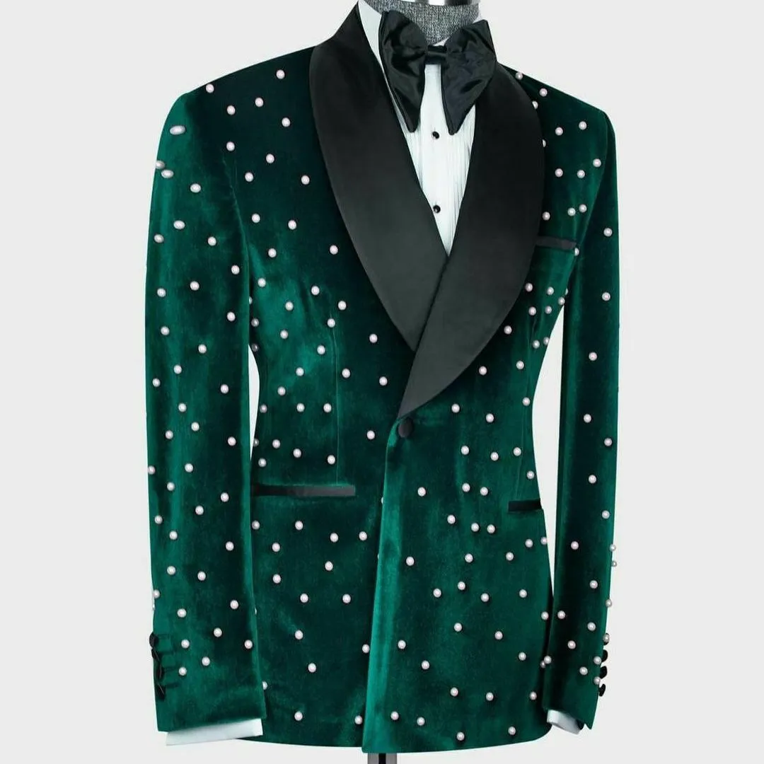 Bonsir Unique Luxury Men Suits Slim Fit Pearls Groom Tuxedos Wedding Prom Tailored Double Vent Custom