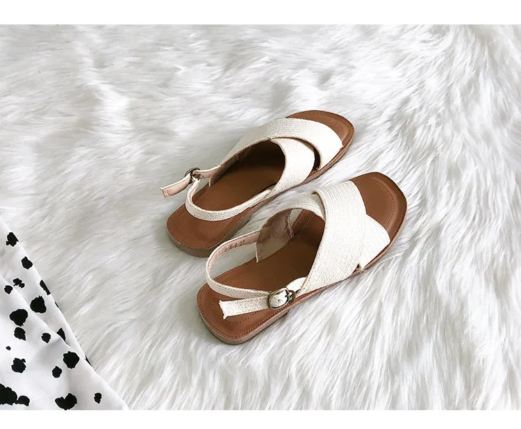 BOOPDO DESIGN WIDE FIT CROSS STRAP FLAT SANDALS