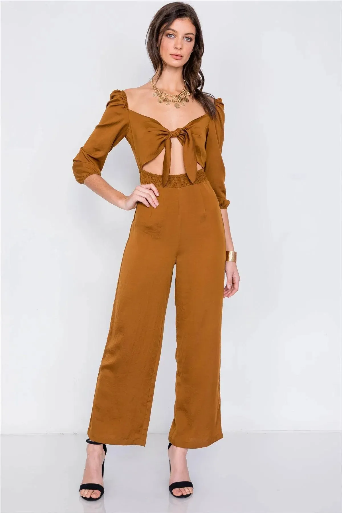 Brown Satin Center Cut Out Front Wrap Wide Leg Jumpsuit /3-2-1