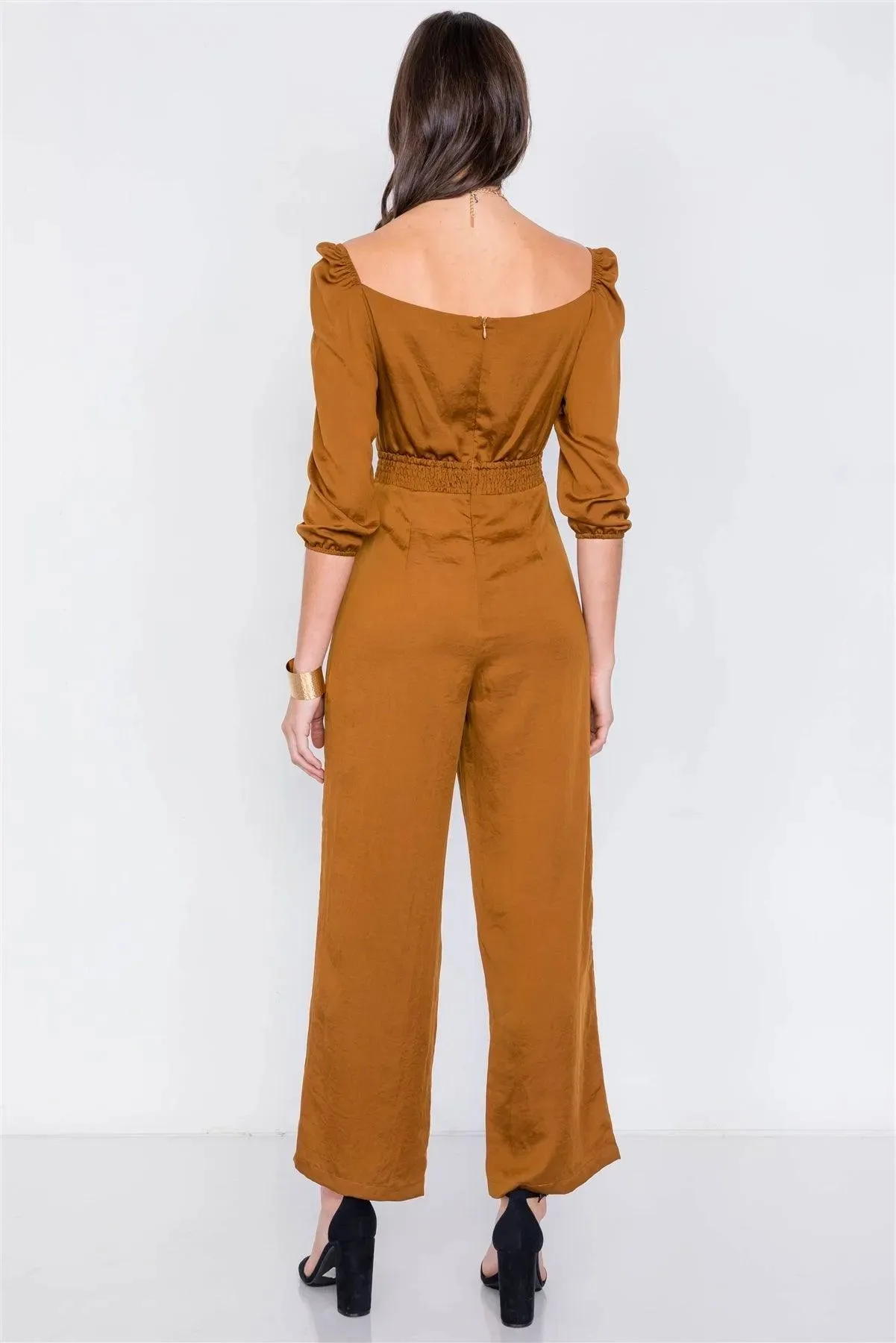 Brown Satin Center Cut Out Front Wrap Wide Leg Jumpsuit /3-2-1