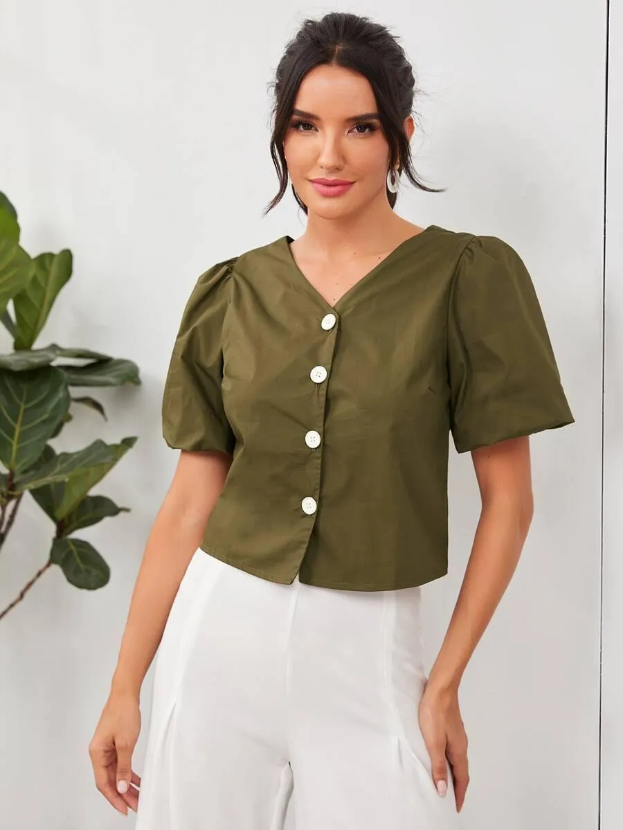 Button Front Drawstring Back Top