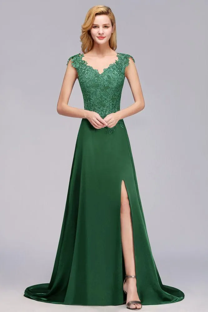Cap Sleeve aline appliques Bridesmaid Dress Green Side Split Wedding Party Dress with Sweep Train