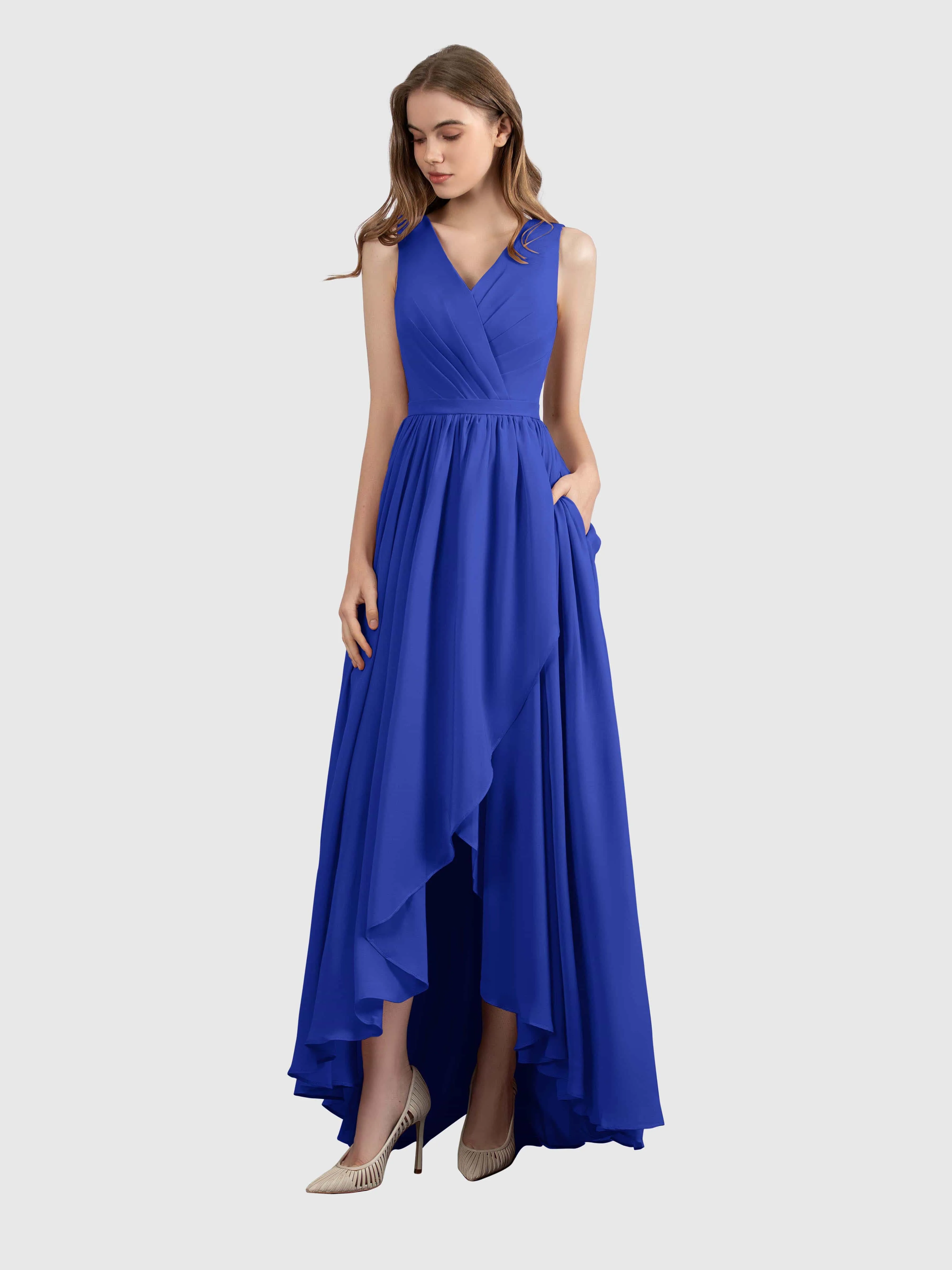 Charlotte V-Neck High Low Bridesmaid Dresses with Pockets