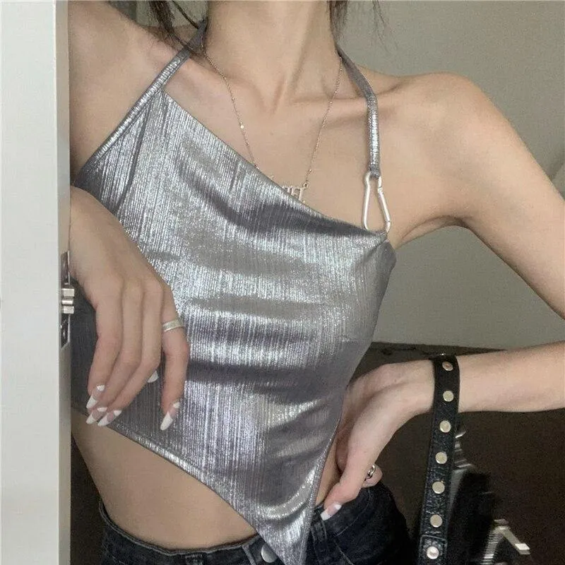 Chic Irregular Halter Neck Crop Top Women's Summer Sexy Backless