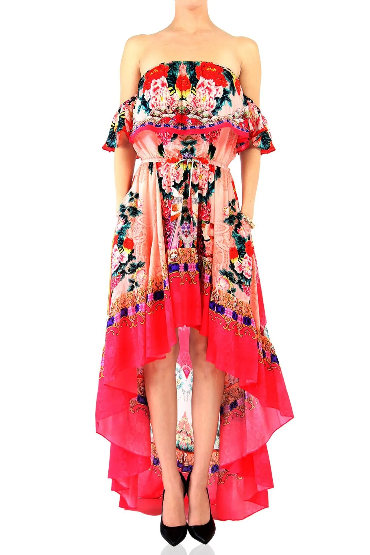 Coral Off Shoulder Ruffle Dress