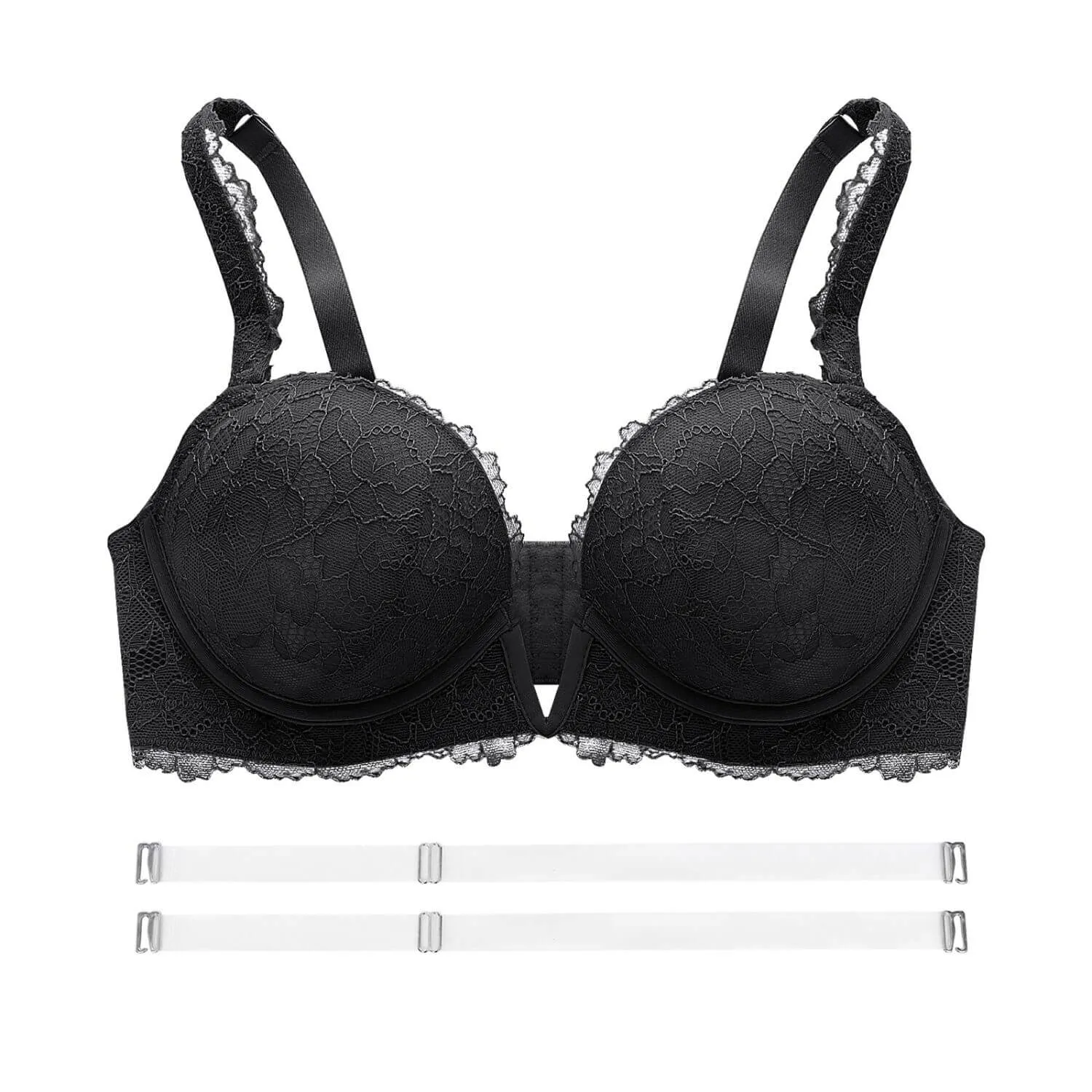 Deep V Plunge Push Up Full Lace Convertible Bra Add Two Cups