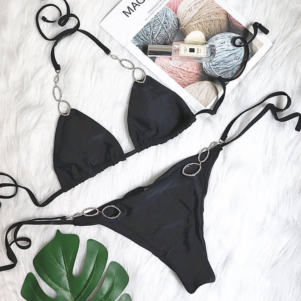 Diamond Bikini Halter Swimwear Women Swimsuit Two Pieces Bikini Set Solid Bathing Suits Beachwear