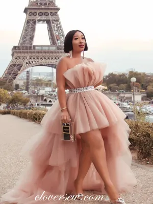 Dusty Pink Tulle Straoless High Low A-line Prom Dresses ,CP0234