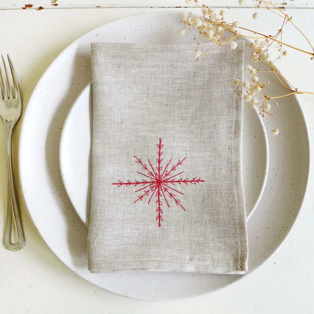 Embroidered Snowflake Natural Linen Napkins
