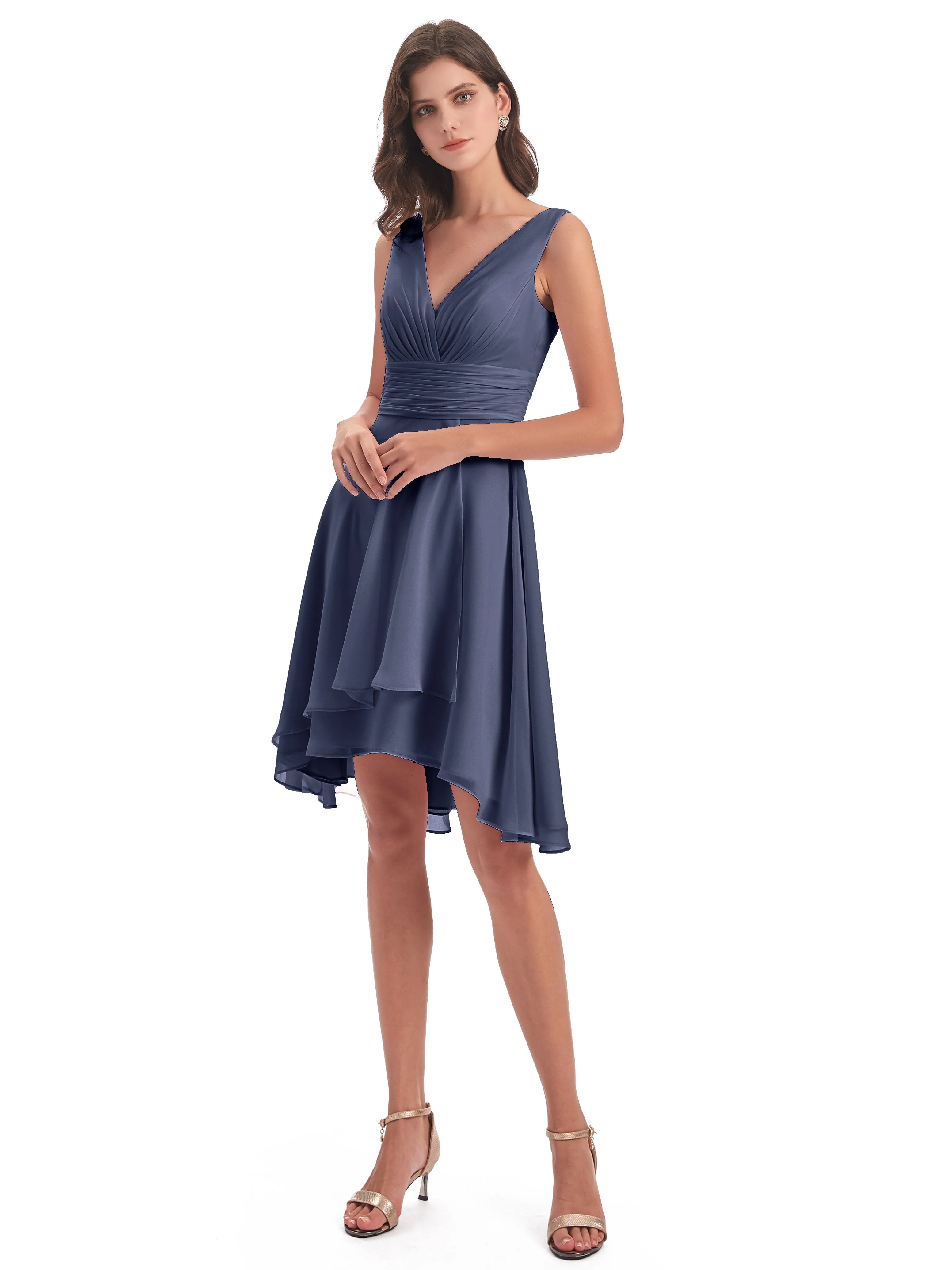 Emilia Delightful V-neck High-Low Bridesmaid Dresses