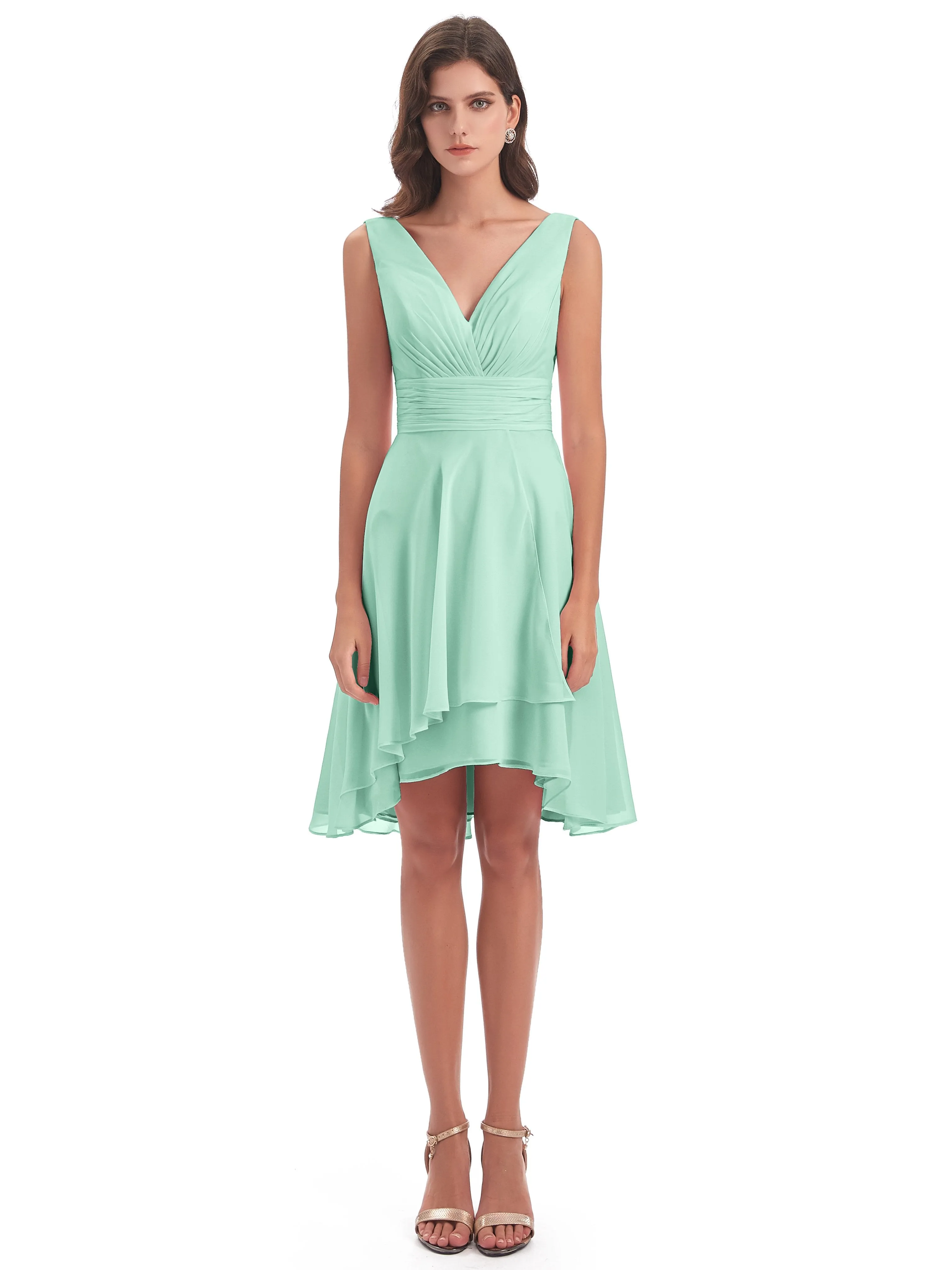 Emilia Delightful V-neck High-Low Bridesmaid Dresses