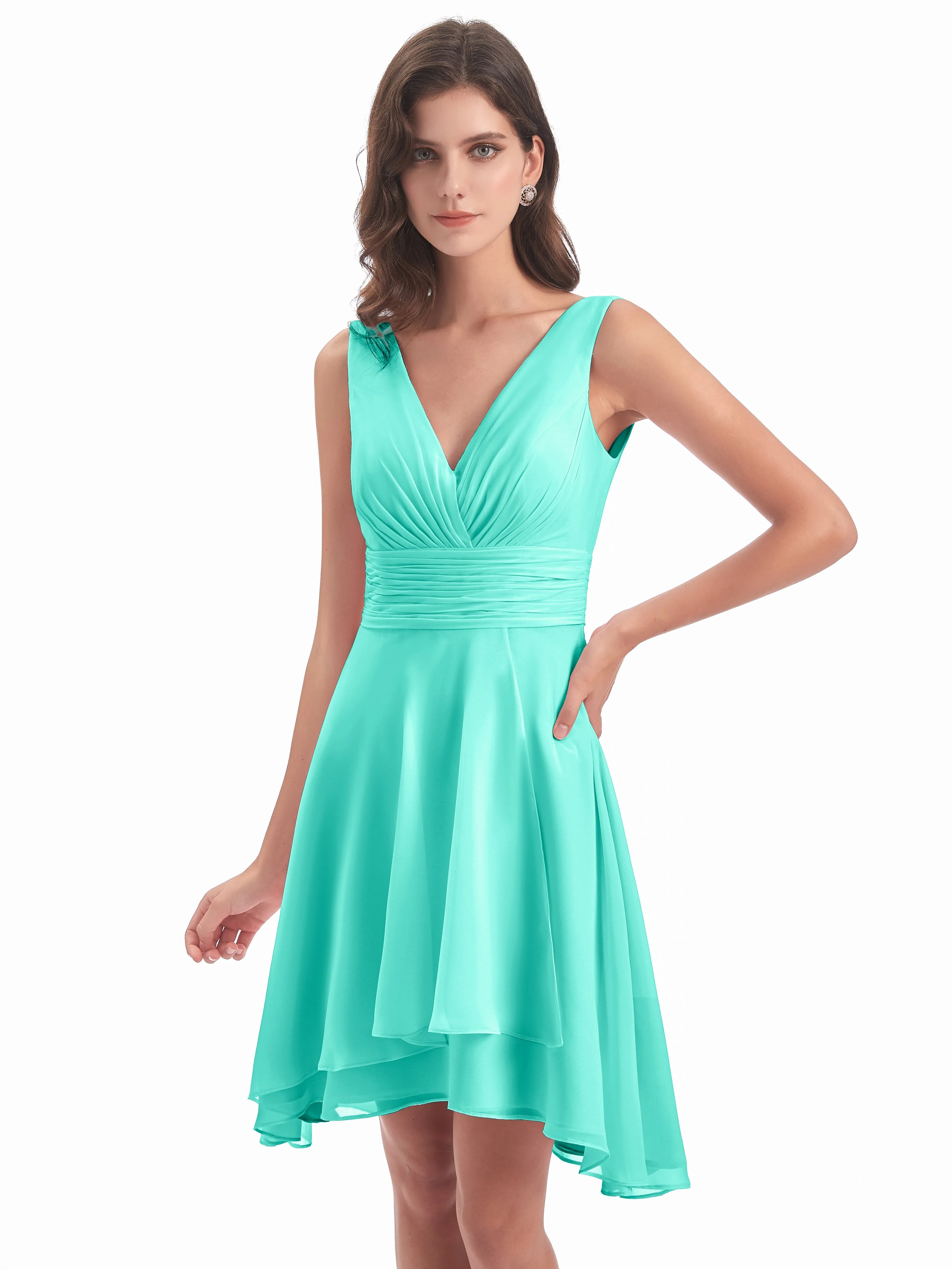 Emilia Delightful V-neck High-Low Bridesmaid Dresses