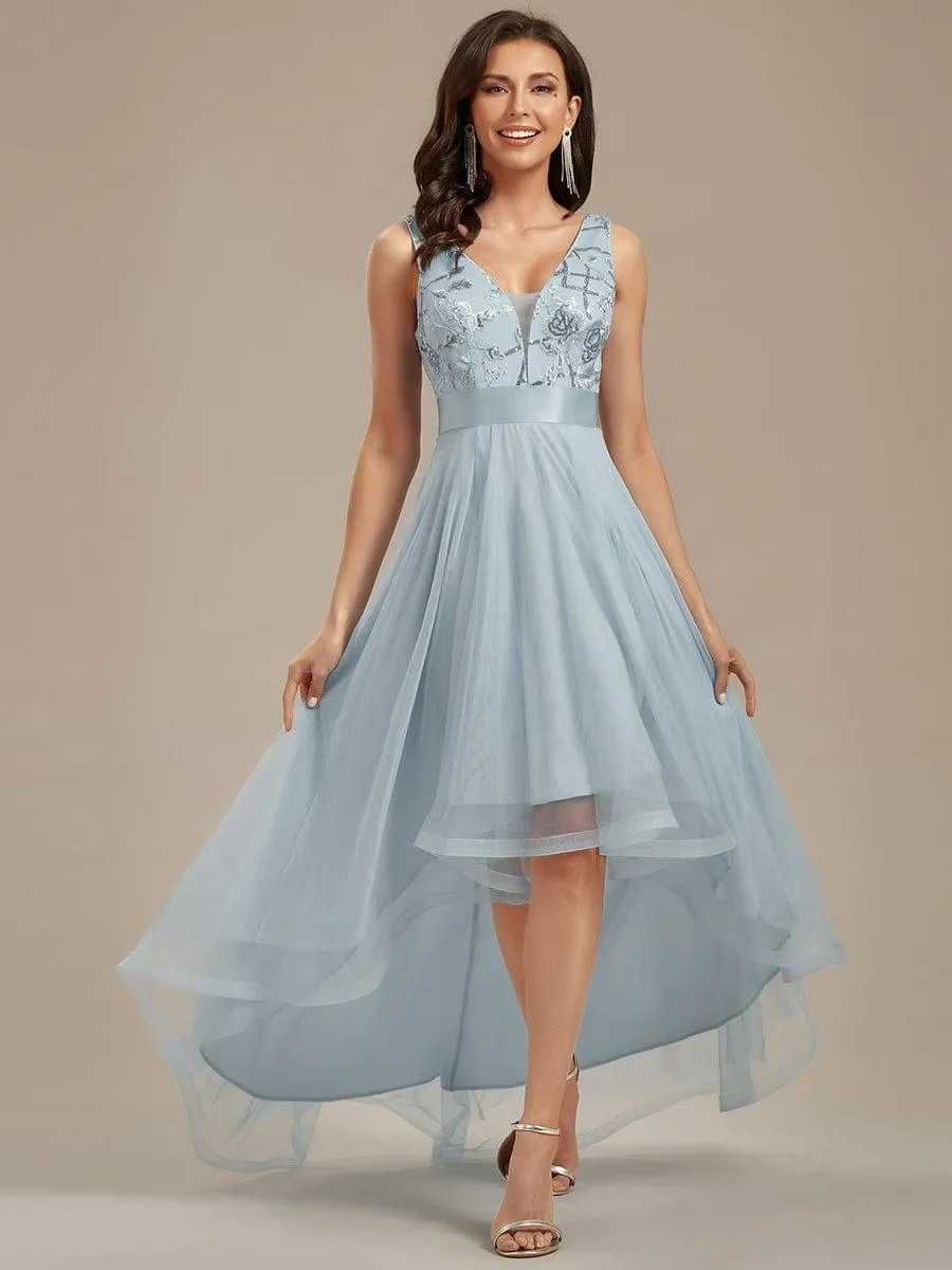 Fashion High-Low Deep V Neck Tulle Evening Dresses with Sequin Appliques