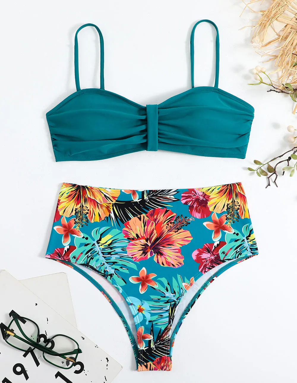 Floral Print  Strap Backless Two-piece Tie-back Bikini Swimwear Sets