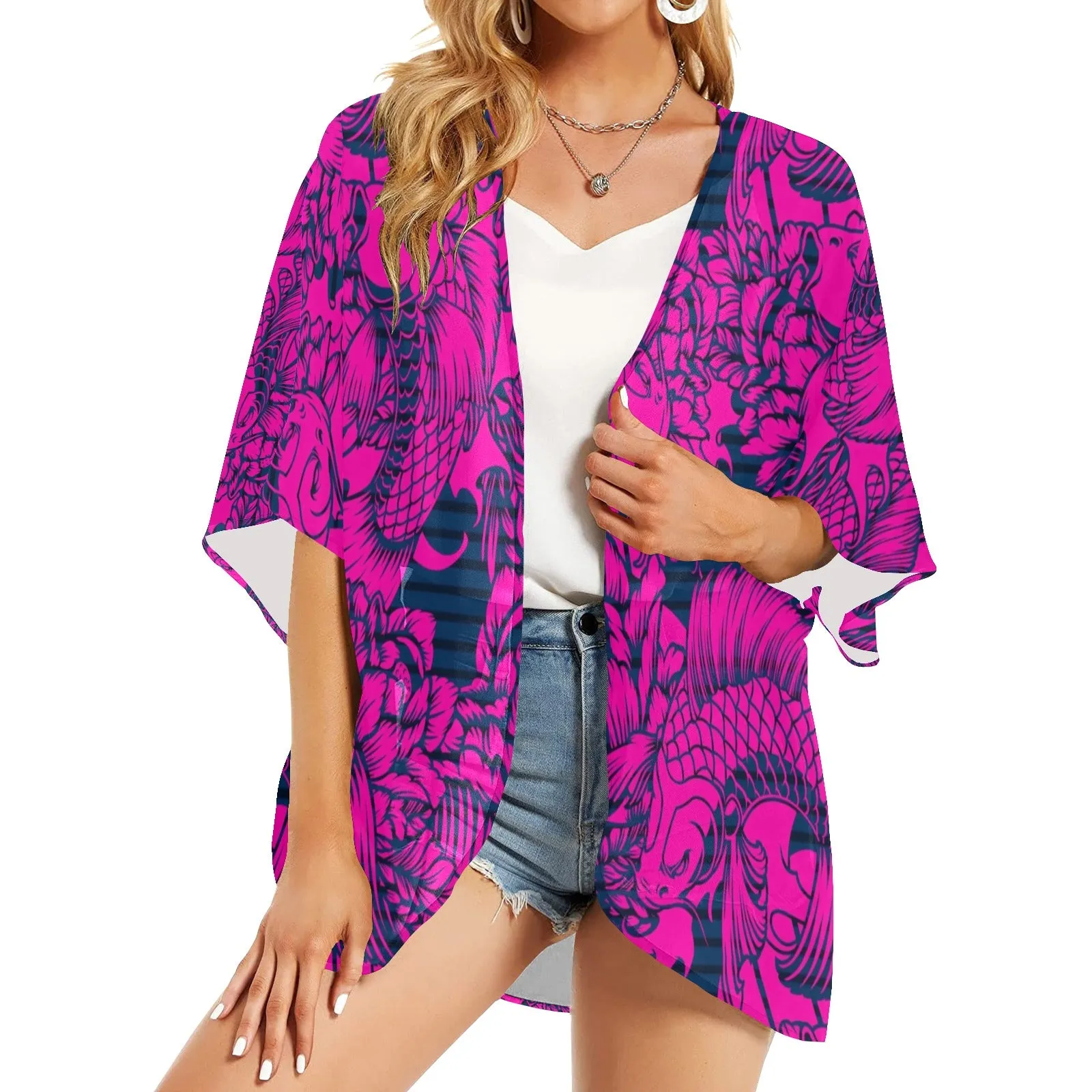 fuchsia pisces print 2 Women's Kimono Chiffon Cover Up (Model H51)