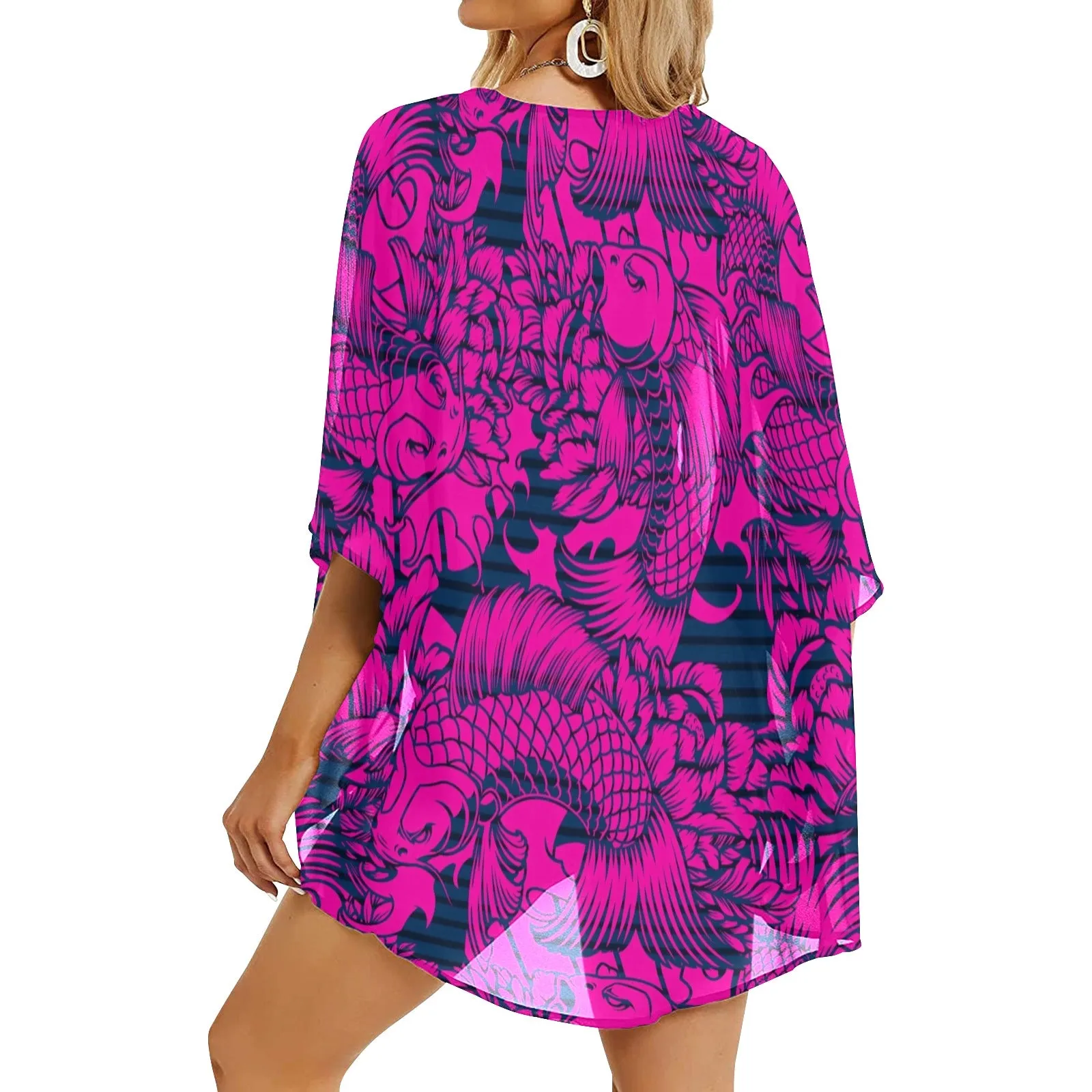 fuchsia pisces print 2 Women's Kimono Chiffon Cover Up (Model H51)