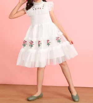 Girls Frill Trim Flower Embroidered Mesh Dress