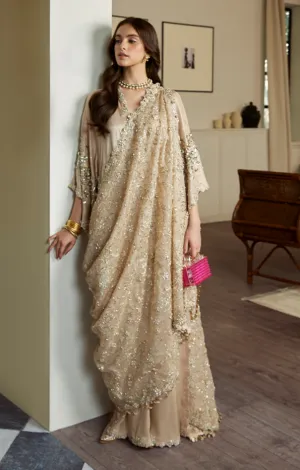Golden Embellished Pakistani Wedding Dress in Raw Silk