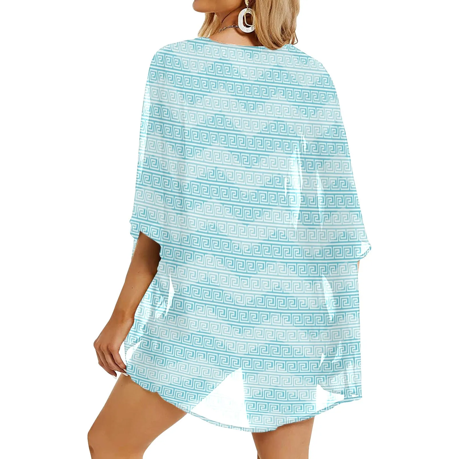 greek key chevron light blue print 2 Women's Kimono Chiffon Cover Up (Model H51)