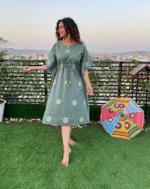 Green Cotton Painted Long Length Kaftan