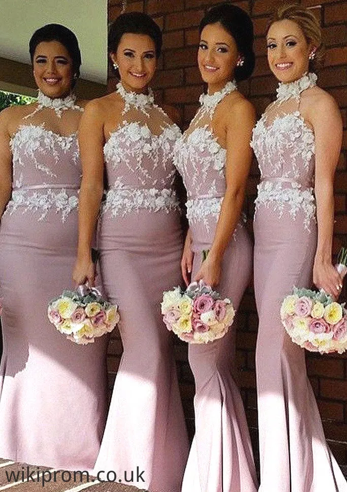 Halter Sleeveless Sweep Train Sheath/Column Satin Bridesmaid Dresses With Appliqued Madisyn SWKP0025515