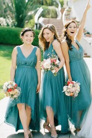 High-Low Teal V Neck A Line Bridesmaid Dress with Pleats PFB0110