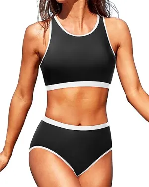 High Neck Racerback Cutout Crop Top High Waist Two Piece Set