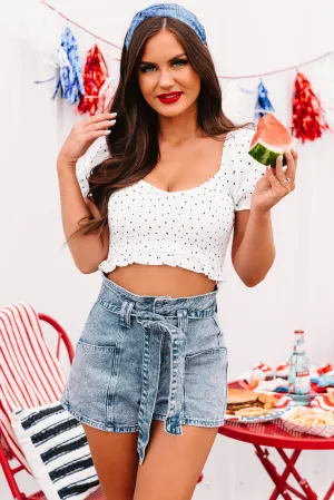 High Praise Smocked Star Print Crop Top (White/Navy Star)