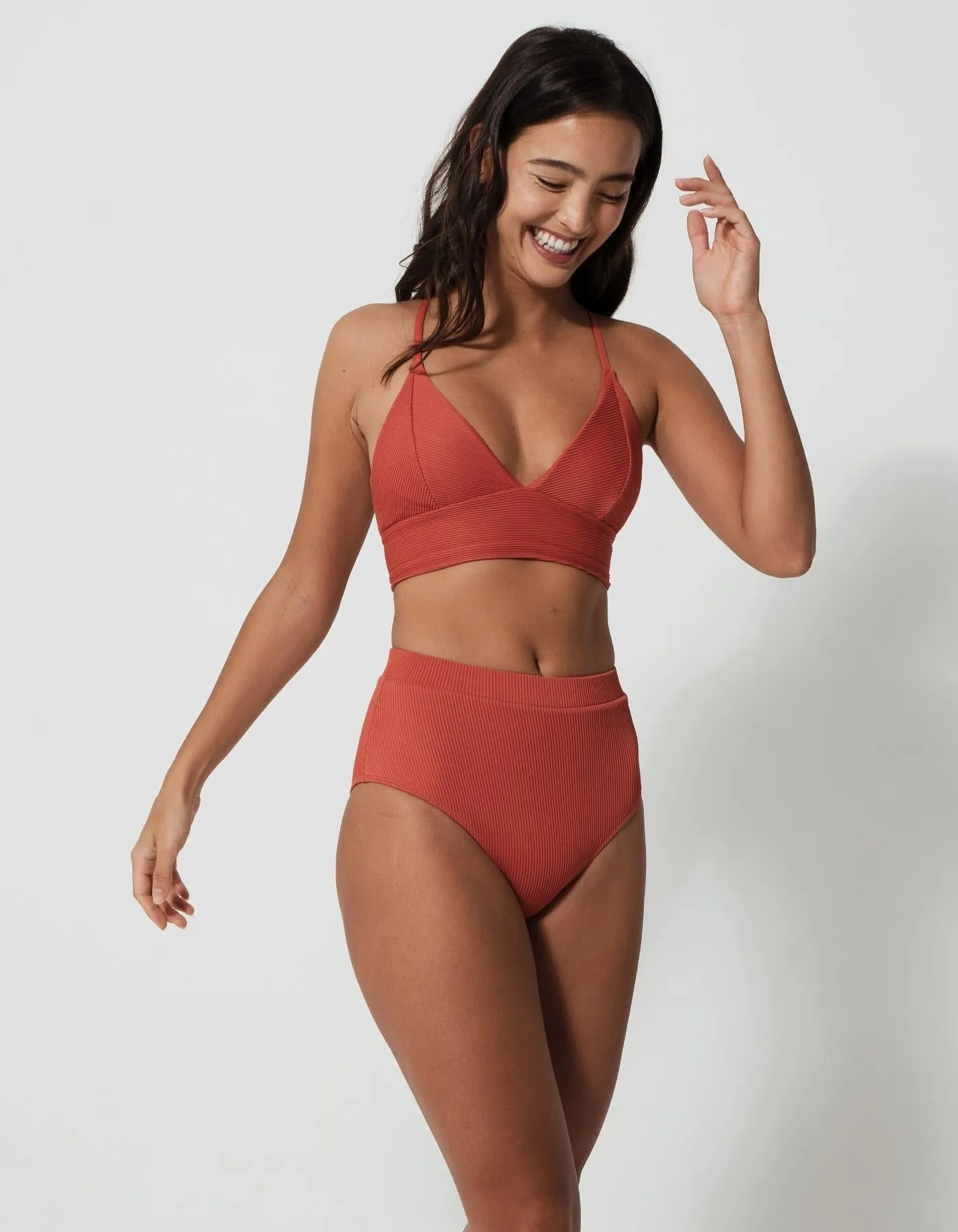 High Waist Coral Womens Ribbed Bikini Bottoms
