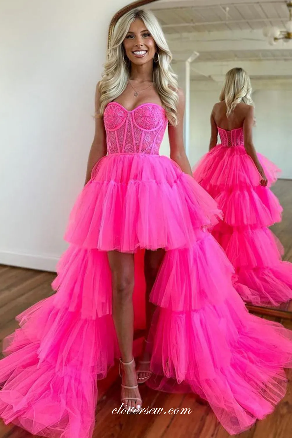 Hot Pink Lace Sweetheart Strapless Tiered High Low Fashion Prom Dresses, CP1022